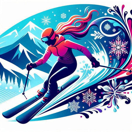 Girl skiing in the mountains. Winter sports background. Vector illustration.のイラスト素材