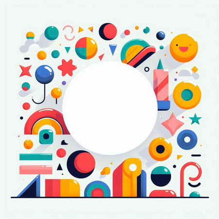 Abstract geometric background with circles, squares, rectangles and other elements.のイラスト素材