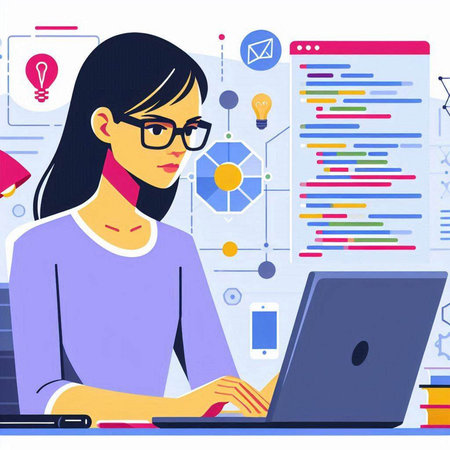 Young woman working on laptop at office. Vector illustration in flat styleのイラスト素材