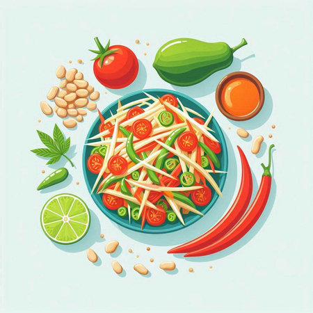 Sliced papaya salad with tomato and cucumber. Vector illustrationのイラスト素材