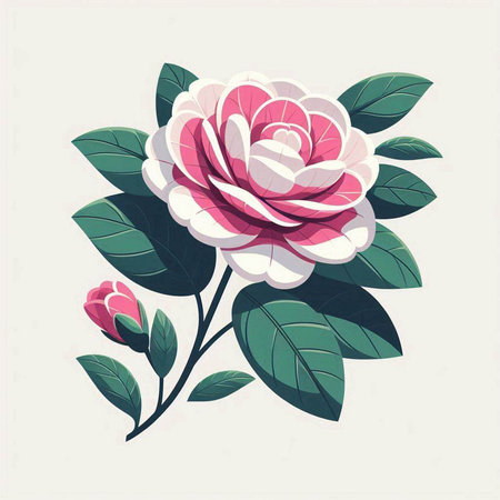 Camellia flower with green leaves. Vector illustration in retro style.のイラスト素材
