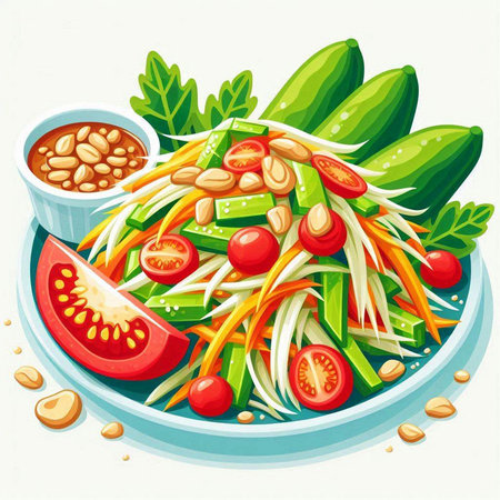 Illustration of a bowl of fresh green papaya salad with peanut sauceのイラスト素材
