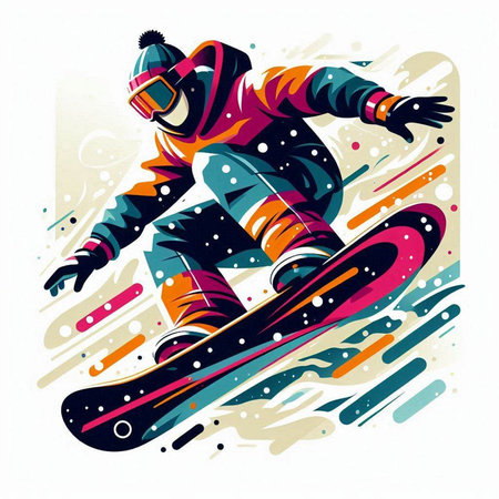 Snowboarder jumping on a background of colorful stripes. Vector illustration.のイラスト素材