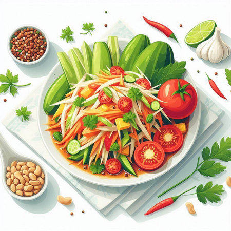 Spicy papaya salad with tomatoes, cucumbers, bell peppers and garlic. Vector illustrationのイラスト素材