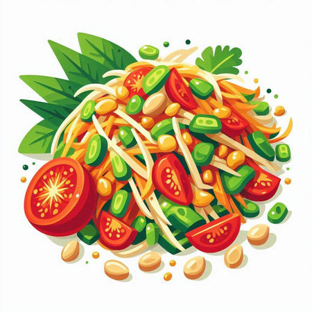 Illustration of noodle soup with green peas, tomatoes and cucumbersのイラスト素材
