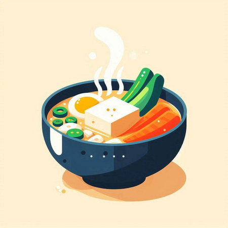 Japanese miso soup with tofu and vegetables in bowl, vector illustrationのイラスト素材