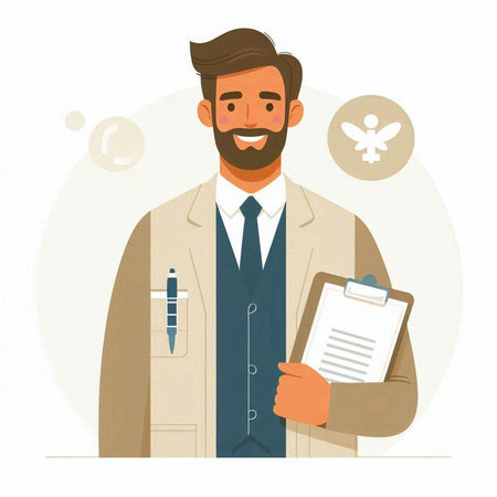 Male doctor character with clipboard. Vector illustration in flat cartoon style.のイラスト素材