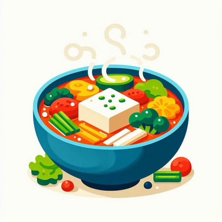 Vector illustration of a bowl of vegetable soup with tofu, cucumber, tomato and parsley.のイラスト素材