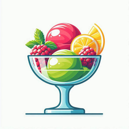 Fruit ice cream in a glass bowl with fruits. Vector illustration.のイラスト素材