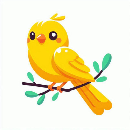Cute yellow bird on a branch isolated on white background. Vector illustration.のイラスト素材