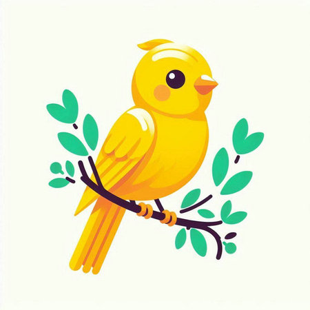 Cute yellow bird on a branch with leaves. Vector illustration.のイラスト素材