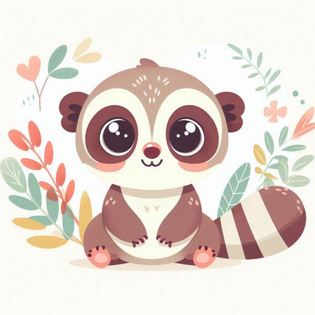 Cute raccoon vector illustration. Cartoon animal character with flowers.のイラスト素材