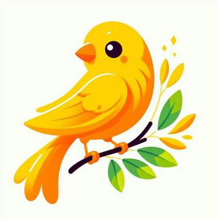 Cute yellow bird on a branch with leaves. Vector illustration.のイラスト素材
