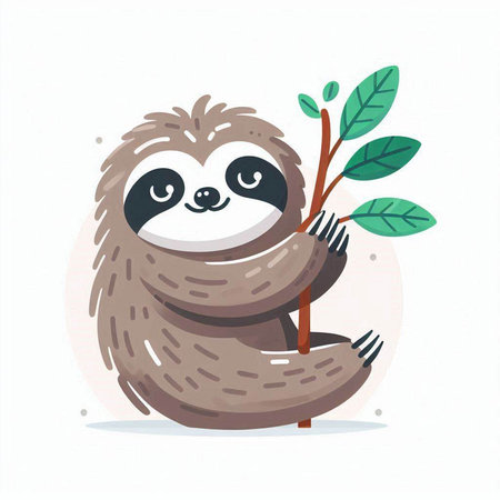 Cute cartoon sloth character sitting on tree branch. Vector illustration.のイラスト素材