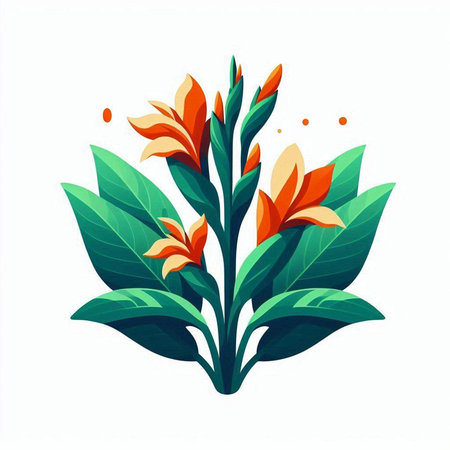 Vector illustration of orange flower with green leaves isolated on white background.のイラスト素材