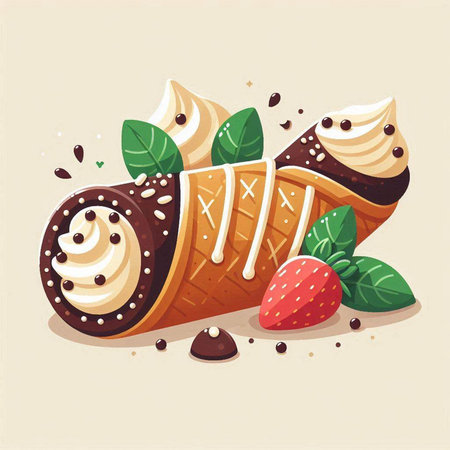 Vector illustration of a chocolate ice cream with strawberries and mint leaves.のイラスト素材
