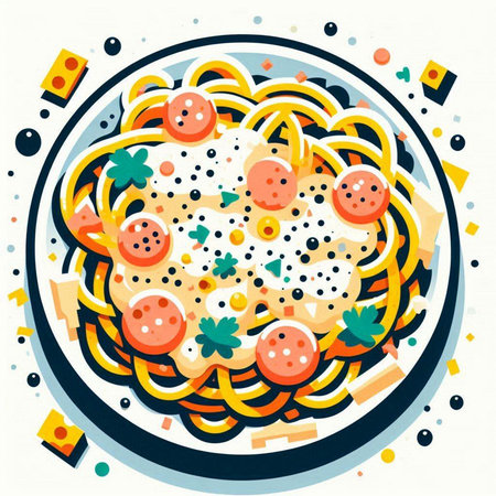 Spaghetti with salami and cheese in a plate. Vector illustration.のイラスト素材