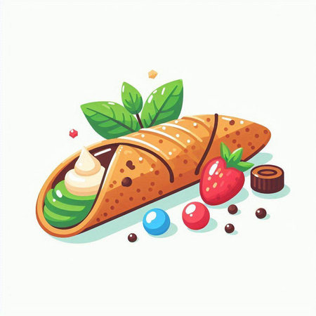 Pancakes with cream, chocolate, strawberry and mint. Vector illustration.のイラスト素材