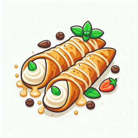 Crepes with cream and sour creamrated with mint leaves. Vector illustration.のイラスト素材