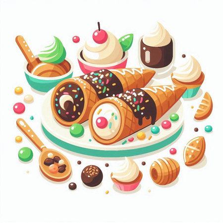 Vector illustration of chocolate ice cream with whipped cream and chocolate balls.のイラスト素材
