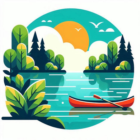 Vector illustration of a boat on the lake in the forest. Flat style.のイラスト素材