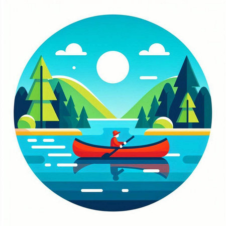Kayak on the lake in the forest. Vector illustration in flat styleのイラスト素材