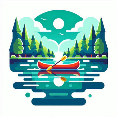 Kayak in the forest on the river. Vector illustration of a flat design.のイラスト素材