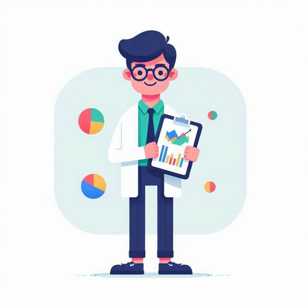 Scientist man with a clipboard. Vector illustration in a flat styleのイラスト素材