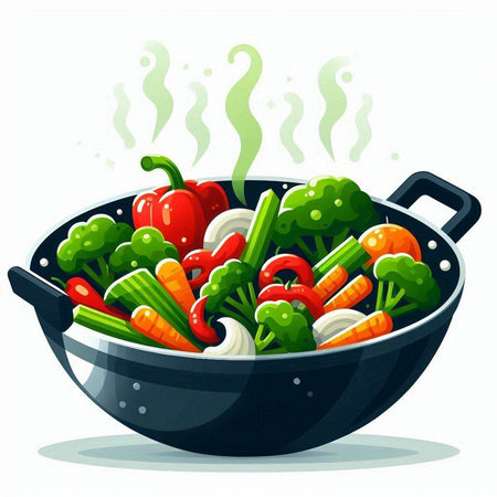 Vegetables in a pan. Vector illustration isolated on white background.のイラスト素材