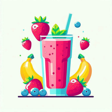 Fruit smoothie. Strawberry, banana, blueberry, strawberry. Vector illustrationのイラスト素材