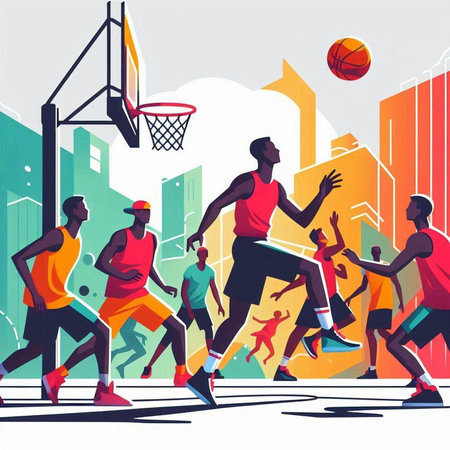 Group of basketball players playing on the street. Flat vector illustration.のイラスト素材