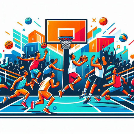 Basketball players in action on basketball court. Colorful vector illustration.のイラスト素材