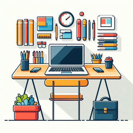 Flat design modern vector illustration concept of office workspace. Workplace with laptop, books, office supplies and stationery.のイラスト素材
