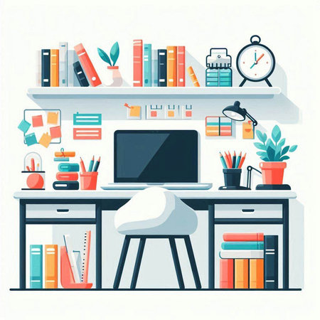 Workplace with laptop, bookshelf and stationery. Vector illustrationのイラスト素材
