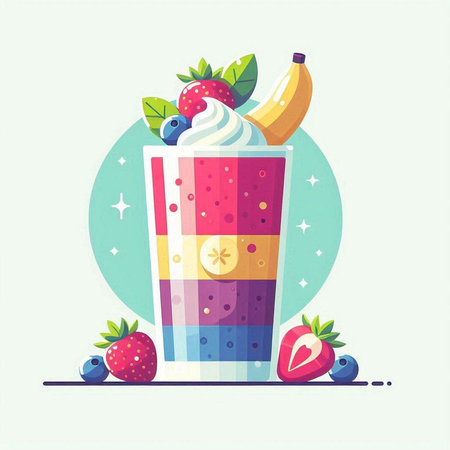 Fruit smoothie in a glass with strawberries, blueberries and bananas. Vector illustration.のイラスト素材