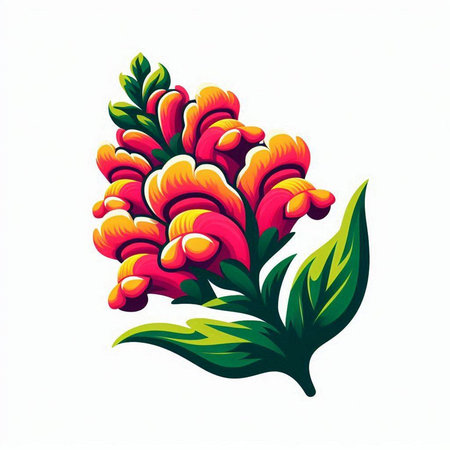 Illustration of a red flower with green leaves on a white backgroundのイラスト素材