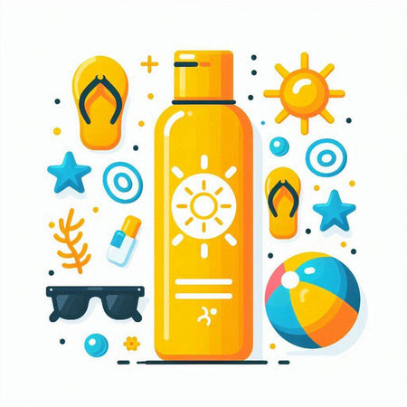 Summer flat design vector illustration. Sunscreen bottle and beach accessories.のイラスト素材