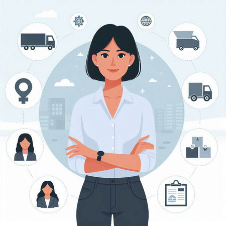 Vector illustration of businesswoman standing with crossed arms on city background.のイラスト素材