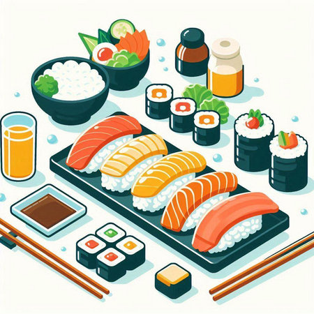 Illustration of sushi set on a white background. Vector illustration.のイラスト素材