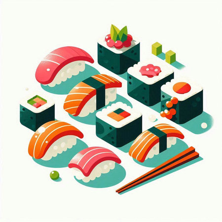 Sushi isometric composition with sushi rolls and wasabi isolated vector illustrationのイラスト素材