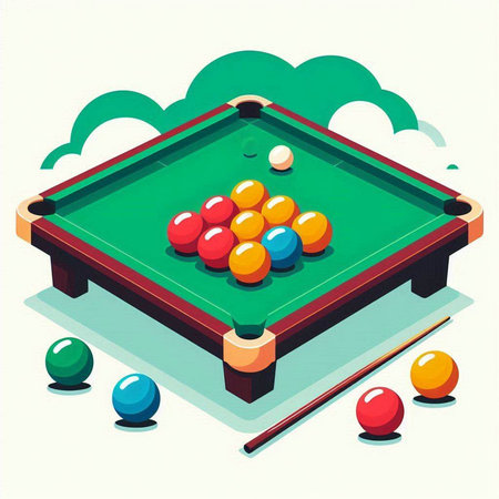 Billiard table with balls and cue. Vector illustration in retro style.のイラスト素材
