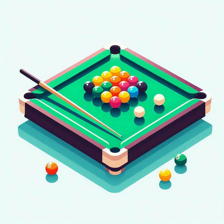Billiard table with balls and cue. Vector illustration in isometric styleのイラスト素材