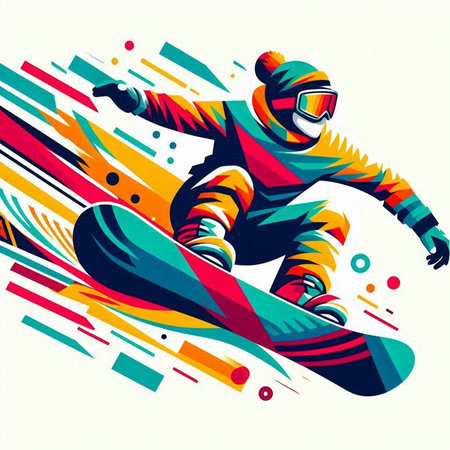 Snowboarder in action on a colorful background. Vector illustration.のイラスト素材