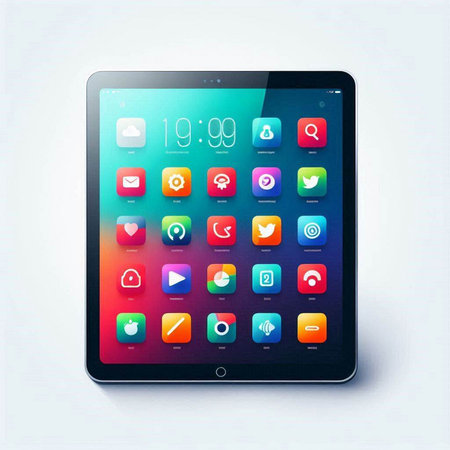 Tablet PC with colorful application icons on it. Vector illustration.のイラスト素材