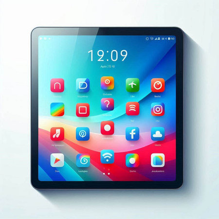 Modern tablet pc with colorful application icons on the screen. Vector illustration.のイラスト素材