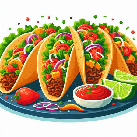 Mexican tacos with beef, cheese and vegetables. Vector illustration.のイラスト素材