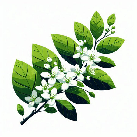 Illustration of cherry blossom branch with green leaves on white backgroundのイラスト素材