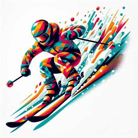 Vector illustration of skier skiing in colorful abstract background with space for textのイラスト素材