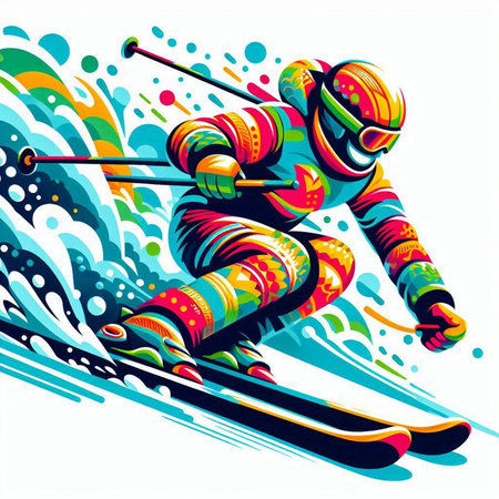 Vector illustration of a skier skiing on a background of colorful splashesのイラスト素材