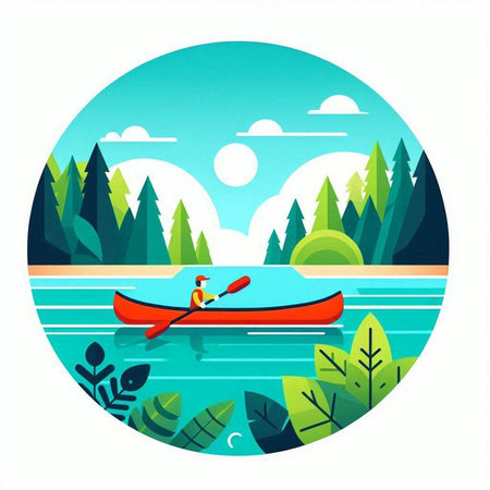 Kayaking on the lake. Vector illustration in a flat style.のイラスト素材